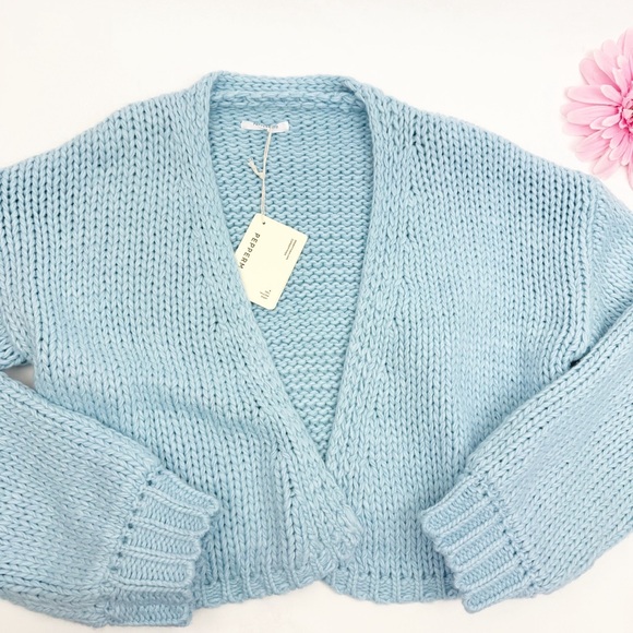 Peppermayo Jasleen Knit Cardigan Light Powder Blue Open Front Balloon Sleeves - Picture 6 of 15